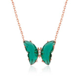 Silver Rose Green Glass Butterfly Necklace